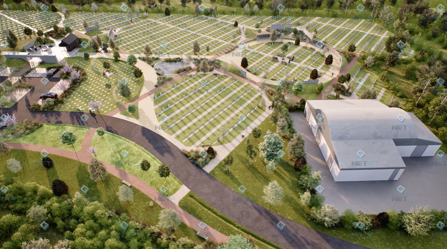 An aerial view of Meadowstone, showing the circular gardens, mown paths and surrounding woodland