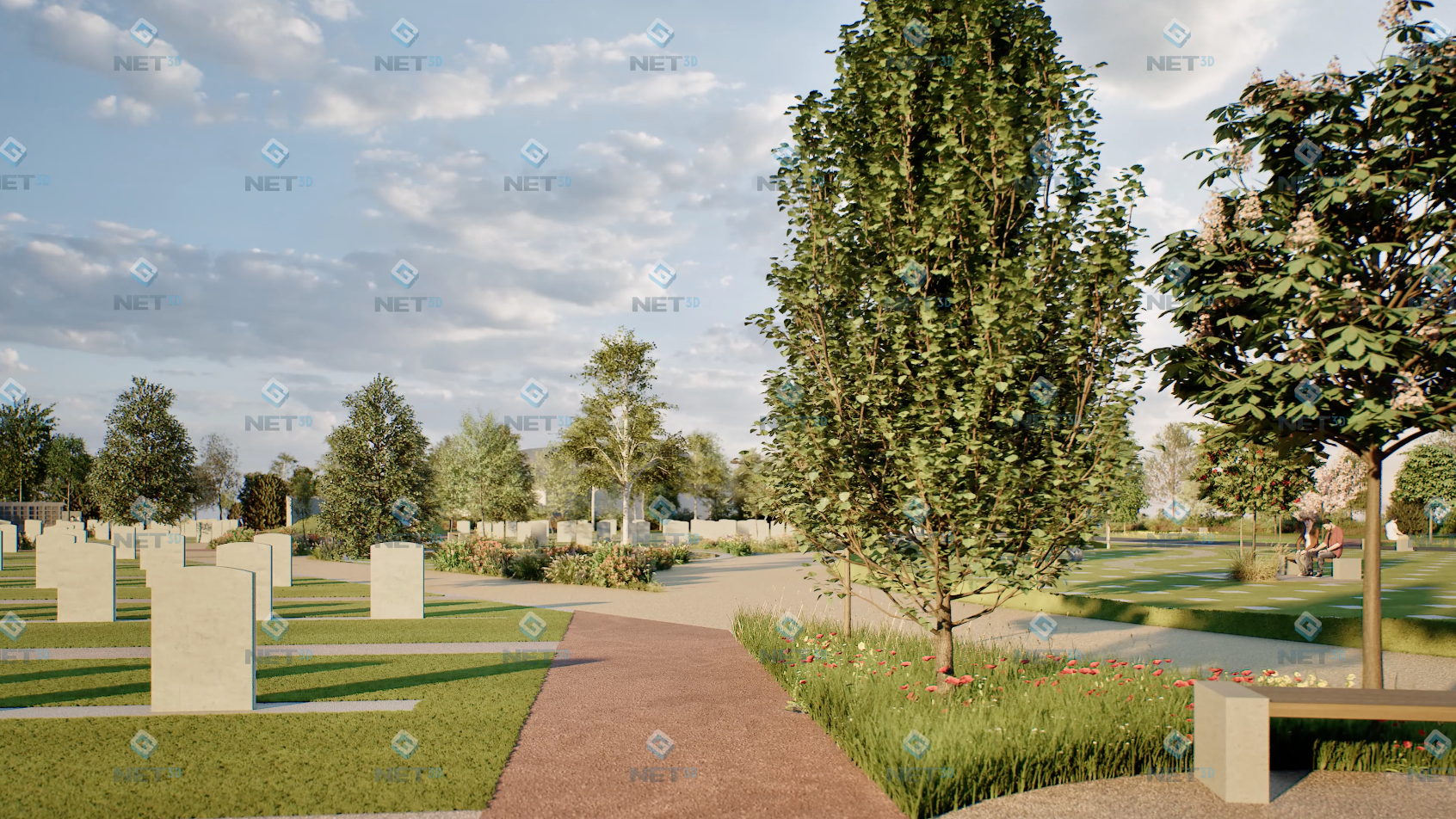 A quiet path beside benches, young trees and poppies in the memorial gardens
