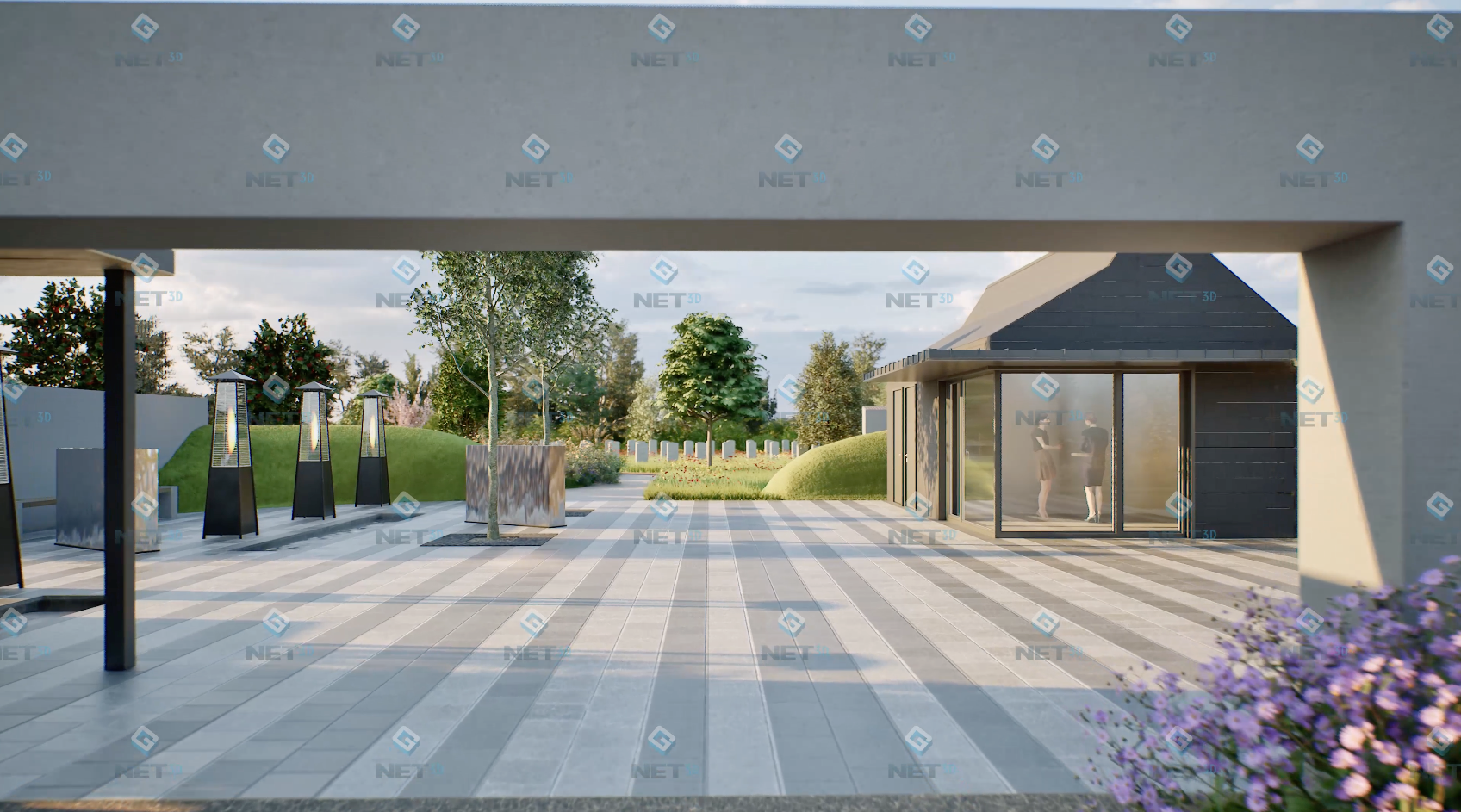 The canopied central plaza at Meadowstone, with flame torches and the glass-walled office