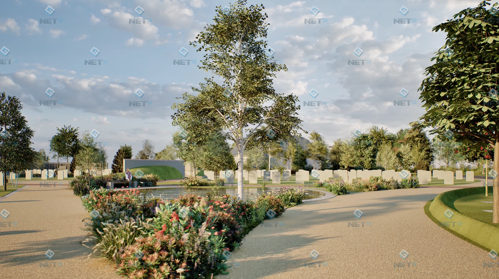 A reflection pool framed by wildflower planting and a young birch at Meadowstone